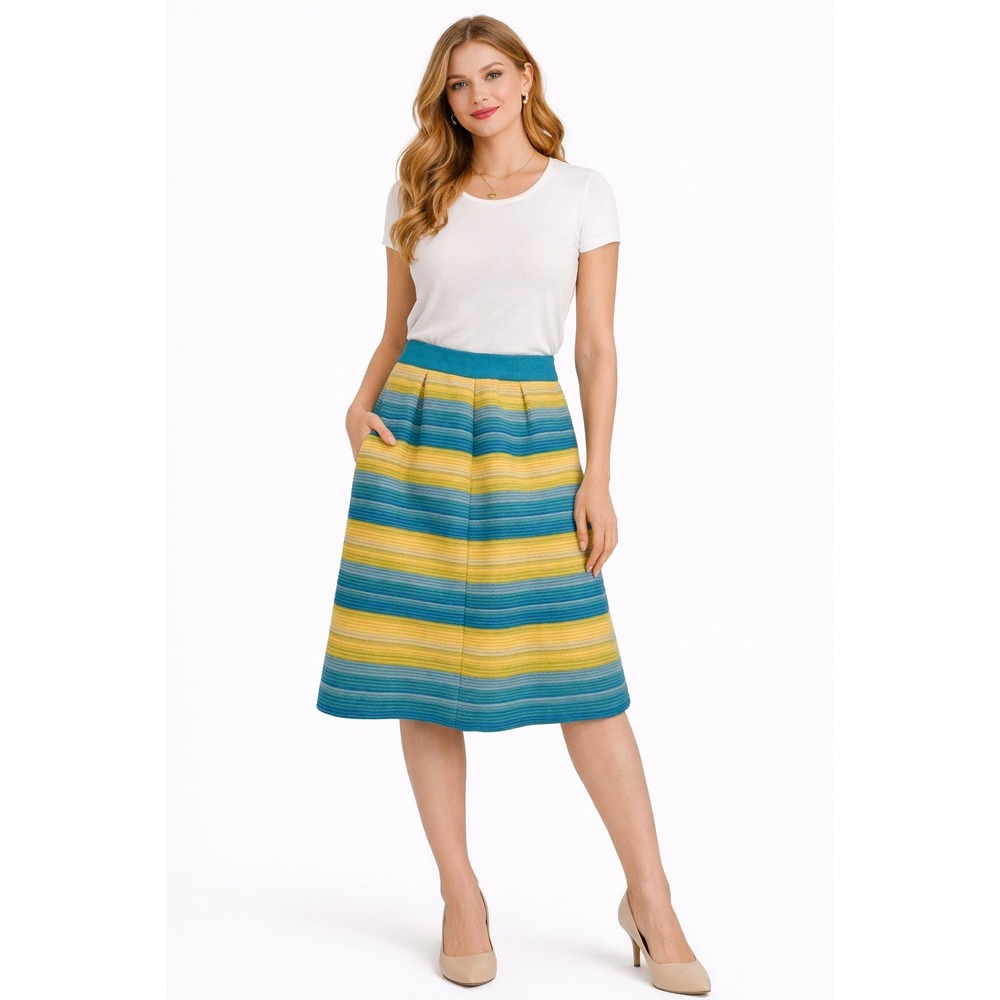 Mirsa Vintage 70s Italian Wool Knit Skirt XXS Blue‎ Yellow Striped A-Line Retro